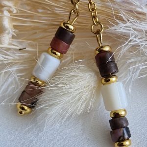 Boucles d'oreilles pendantes avec perles heishi rhodonite, et perle de nacre création artisanale avec acier 316L, bijoux tendance