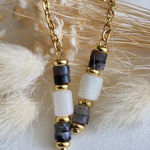 Boucles d'oreilles pendantes avec perles heishi labradorite, et perle de nacre création artisanale avec acier 316L